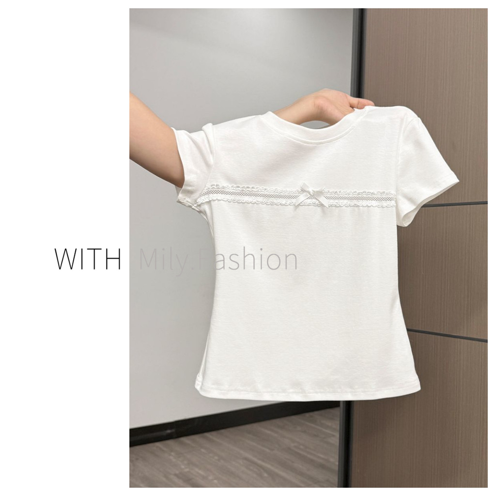 Milyfashion Cotton Nguyên Chất Nơ Trắng Rỗng Cổ Tròn Tay Ngắn T Mùa Hè Slim-fit Ôm Hơn Nhìn Phù Hợp Với Áo Ngắn Nữ tee