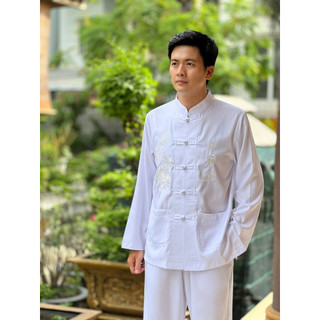 Set linen nam đi chùa thêu rồng, pháp phục trung niên
