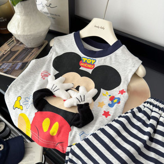 Mùa Hè Bé Trai Dễ Thương Bộ Áo Vest Trẻ Em Hoạt Hình Ba Chiều Búp Bê Top Bé Gái Sọc Quần Short Hai Mảnh Bộ