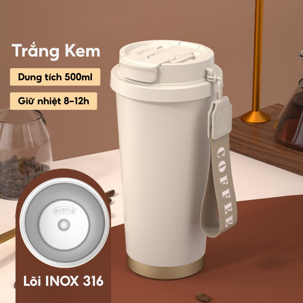 Product image Ly giữ nhiệt tráng sứ cà phê BOTTLY Summer Đen Chạng Vạng, dung tích 500ml, kèm ống hút và khắc tên Trắng SUS1316