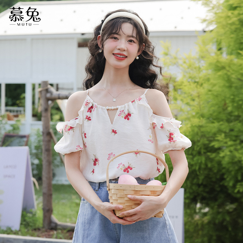 Mutu Áo sơ mi nữ phong cách Pháp ngọt ngào, cổ đào, hoa rời, thiết kế mới cho mùa hè