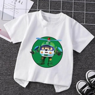 Áo thun trắng tinh khiết Robocar Poli in hình dễ thương quần áo ngắn tay hàng ngày dành cho trẻ em