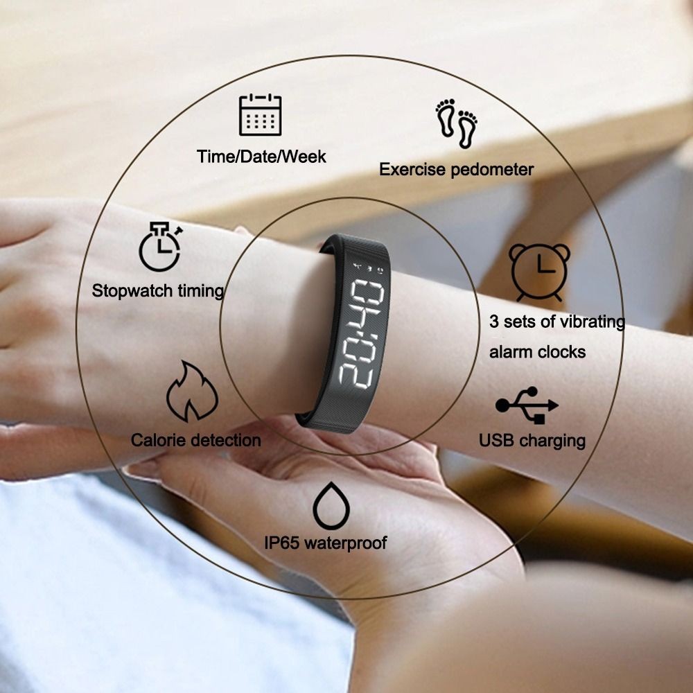 Đồng hồ báo thức WOODNEST, Vòng đeo tay báo thức kỹ thuật số LED chống nước, Chống ngáy có thể điều chỉnh thông minh với máy đếm bước chạy Báo động rung cho học sinh
