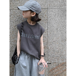 Mùa Hè Nguyên Chất Cotton Bé Trai Áo Thun Không Tay Đẹp Trai Trẻ Em Đơn Giản In Chữ Bé Gái Màu Xám Đậm