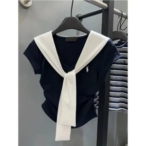 Milyfashion Cổ Hải Quân Chính Hãng Vai Thêu Tay Ngắn T Mùa Hè Phong Cách Mới Khăn Choàng Thiết Kế Niche Ngắn Top Quần Áo Nữ