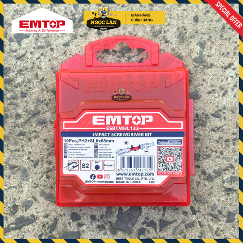 [Chính hãng] Bộ 10 mũi bắt vít 2 đầu EMTOP dài 65mm PH2+PH2, PH2+SL6 thép S2 cao cấp
