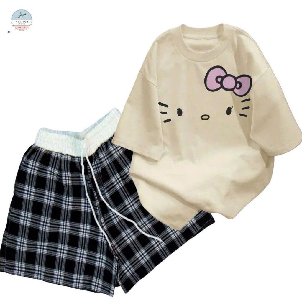 sét bộ quần đùi cộc kẻ caro cạp chun màu trắng +mix áo phông form rộng- hình MÈO ĐƠN GIẢN-QUẦN ÁO 94