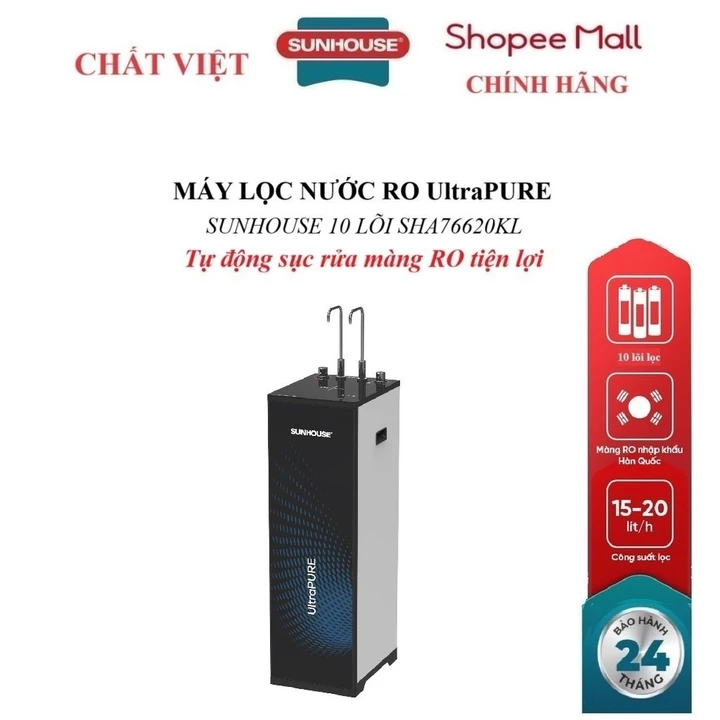 MÁY LỌC NƯỚC RO UltraPURE SUNHOUSE 10 LÕI SHA76620KL , 3 chế độ nước tiện lợi: Nóng - Lạnh - RO