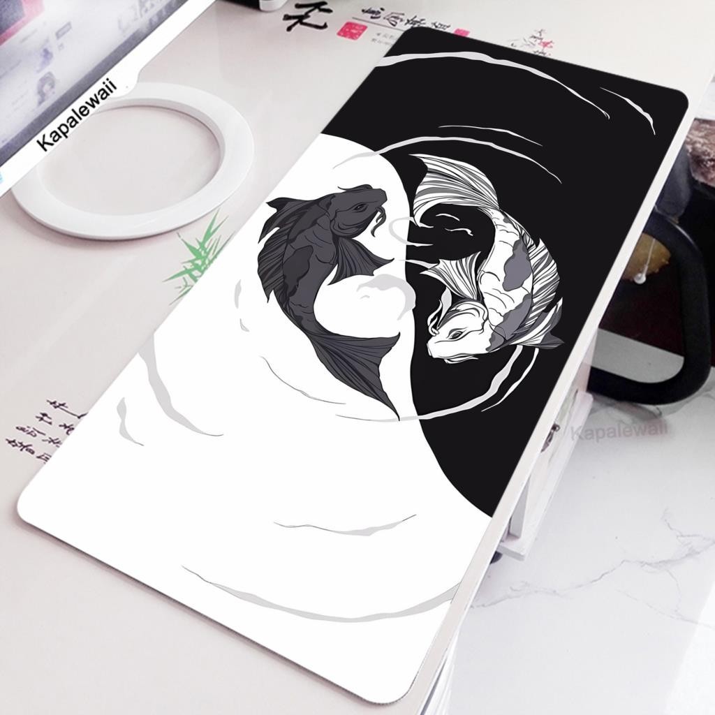 Koi Yinyang Đen Trắng Miếng Lót Chuột Lớn Mausepad Xxl Deskmat Bàn Phím Màu Xám Chuột Thảm 900x400 Thảm Mở Rộng Cho Văn Phòng