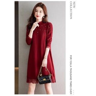 Đầm Dệt Kim Ren Nữ Thu Đông Tính Khí Phong Cách Mới Đáy Nhỏ Giữa Chiều Dài Áo Len Đầm