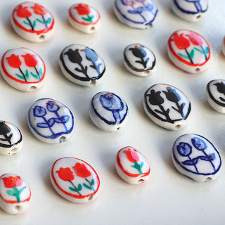 Gốm Sứ Vẽ Tay Phong Cách Hoa Tulip Hình Bầu Dục Retro Rời Hạt Tự Làm Handmade Trang Sức Bông Tai Vòng Cổ Vòng Tay Phụ Kiện