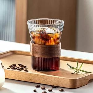 Ly Thủy Tinh Chịu Nhiệt Có Vòng Gỗ Chống Nóng - Ly trà, Cốc Coffee Độc Đáo Dung Tích FE123