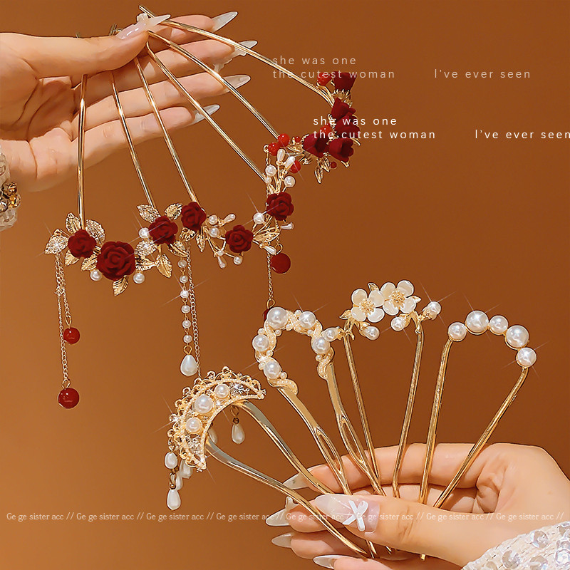 Kẹp Tóc Hình Chữ U Ngọc Trai Màu Đỏ Retro, Xuất Xứ Từ Trung Quốc