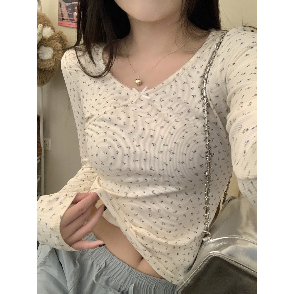 Suxi Thu Đông Pháp Retro Hoa Thời Trang Đơn Giản Slim Fit Áo Thun Dài Tay Nữ Top 240903