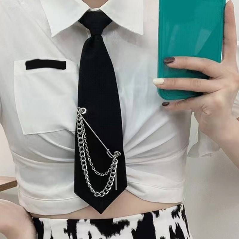 Kikin Nữ Pre Buộc Cà Vạt Với Dây Xích Dài Kim Loại Pin Đồng Phục Sinh Viên Cà Vạt Cổ Đen