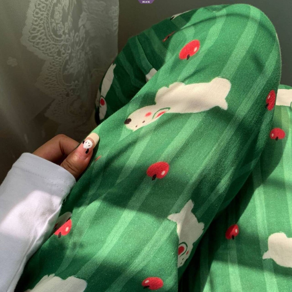 Retro Màu Xanh Chó Pyjama Quần Xuân Thu Mới Hàn Quốc Hoạt Hình Dễ Thương In Hình Rời Quần Nhà Nữ [BL]