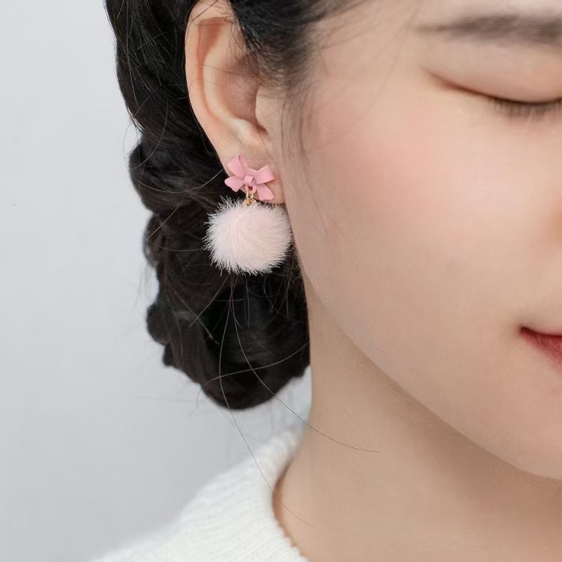 Bông tai kim bạc sang trọng nơ màu hồng Bông tai xỏ lỗ dễ thương
