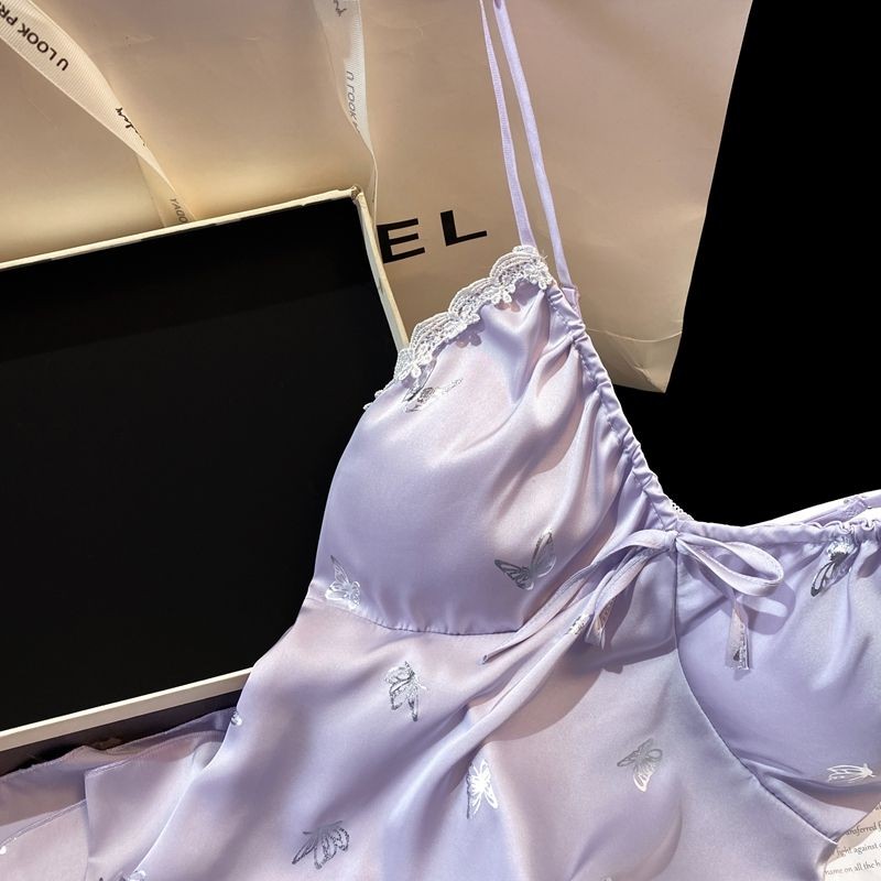 Pyjama váy ngủ nữ mới 2025, bướm bạc gợi cảm với dây đeo thảm ngực ngọt ngào
