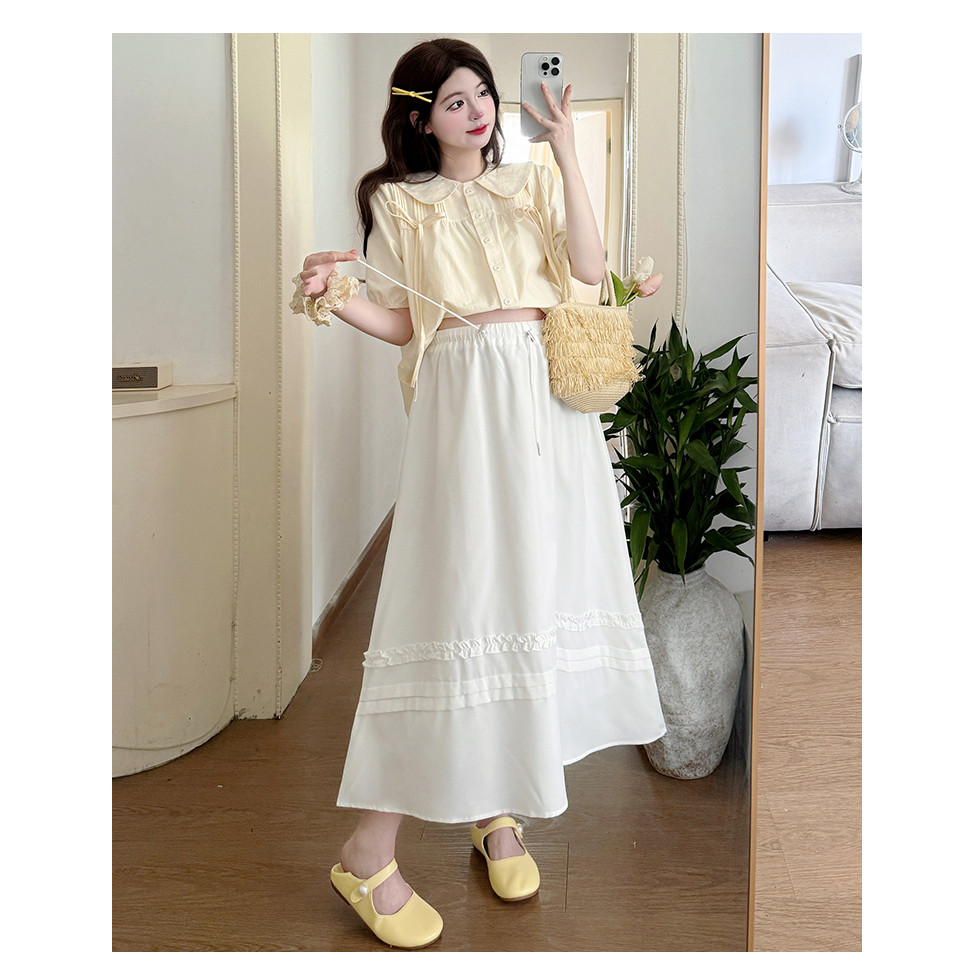 Bộ đồ bà bầu Áo sơ mi thiết kế dáng rộng mùa hè + Váy ren Bộ đồ hai mảnh