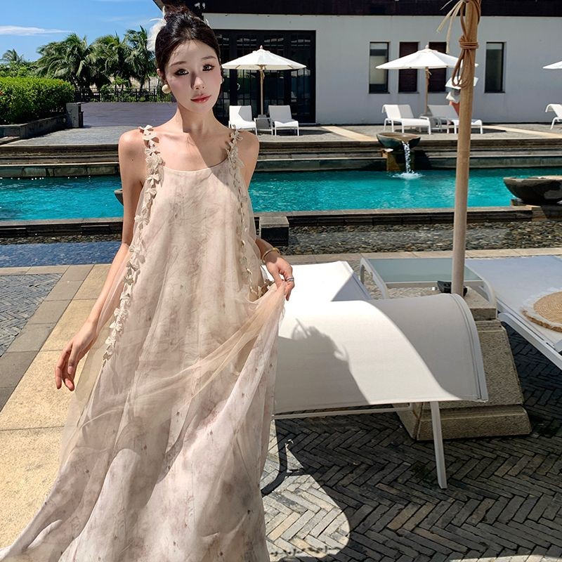 [Yu]Váy dây bướm mực mùa hè, phong cách Trung Quốc, dáng dài, thanh lịch, xinh.