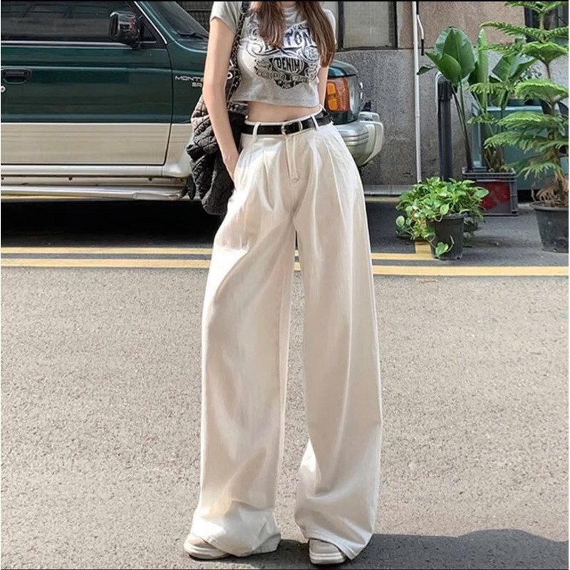 Quần jeans kaki xếp ly ống suông rộng lưng cao cạp chun phong cách Hàn Quốc