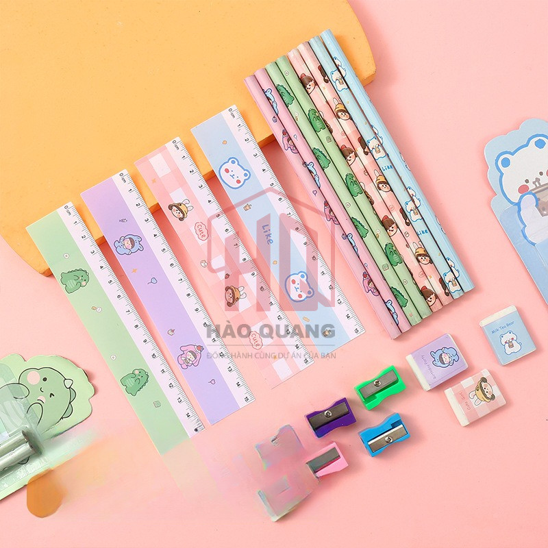Set Dụng Cụ Học Tập Học Sinh 4 Món – Bút Chì, Thước, Gọt, Tẩy – Siêu Dễ Thương