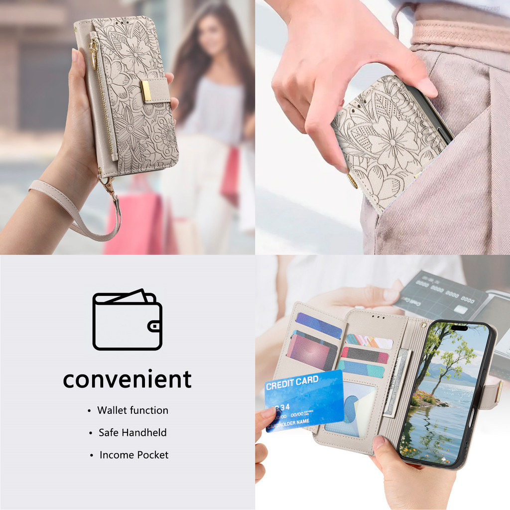Dây đeo cổ tay Dây kéo Ví da lật Khe cắm thẻ Vỏ điện thoại cho IPhone 16E 17 16 15 14 13 12 Pro Max Giá đỡ bảo vệ
