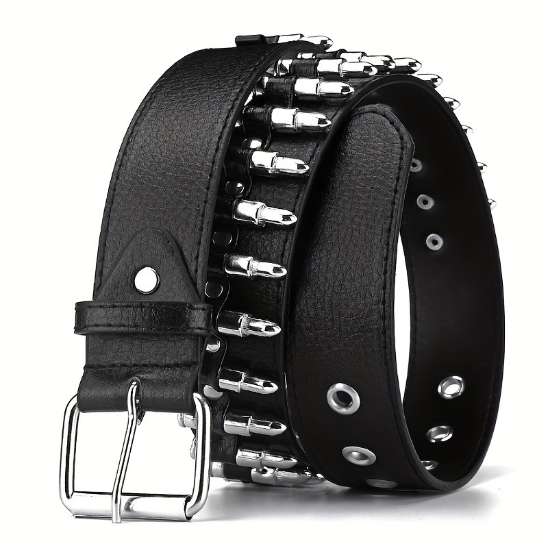 Unisex Black Punk Hip-Hop Belt - Y2k Bullet Buckle Dây đeo thắt lưng có thể điều chỉnh bằng kim loại cho dạo phố / Denim
