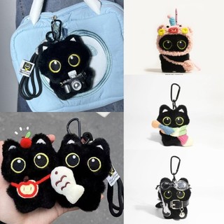 Mặt dây chuyền túi búp bê RATTANCO, Túi đeo vai Camera Mèo đen Móc khóa búp bê sang trọng, Khăn quàng cổ dễ thương Vòng chìa khóa xe Quà tặng
