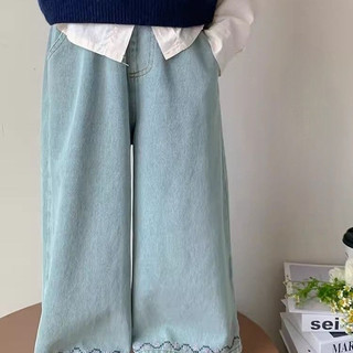 Mùa Xuân Thu Phong Cách Mới Bé Gái Quần Jean Trẻ Em Xanh Nhạt Thẳng Quần Thêu Thời Trang Phiên Bản Hàn Quốc Quần Dài Cho Bé