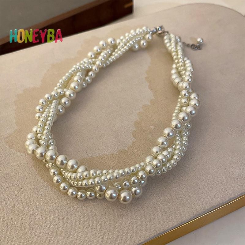 < Honeyba > Dây chuyền vòng cổ ngọc trai Twining dành cho nữ Dây chuyền hình học Phụ kiện trang sức đám cưới
