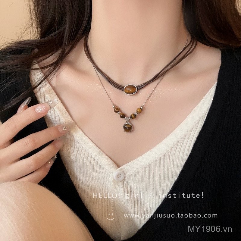 Vòng cổ mặt dây chuyền mắt hổ bằng da, thiết kế cổ điển và sang trọng cho nữ