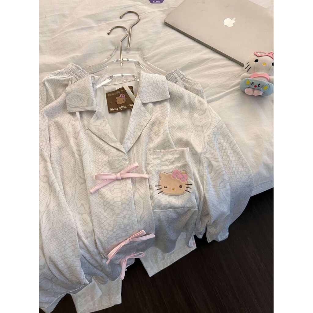 Bộ pyjama Hello Kitty họa tiết báo leopard dành cho nữ, quần dài tay, phù hợp mặc ở nhà