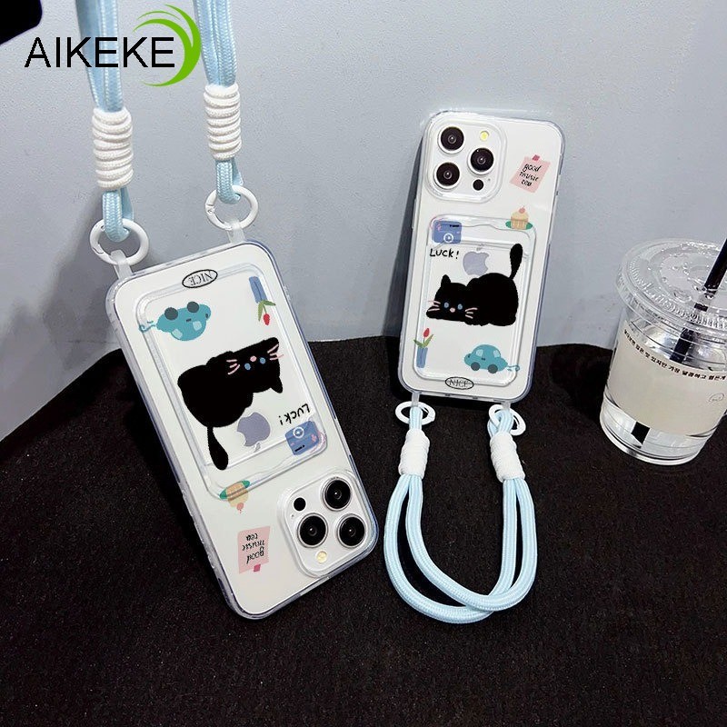 Vỏ đựng thẻ mèo đen dễ thương cho Vivo iQOO Z10 Z9 Turbo Z10X Z9X Z8 Z8X Z7 Z7X Z6 Z6X Z5 Z5X Z3 Z1 Neo 10 9 8 7 6 5 SE Pro + 3 Vỏ hoạt hình Vỏ mềm chống sốc có Dây tay