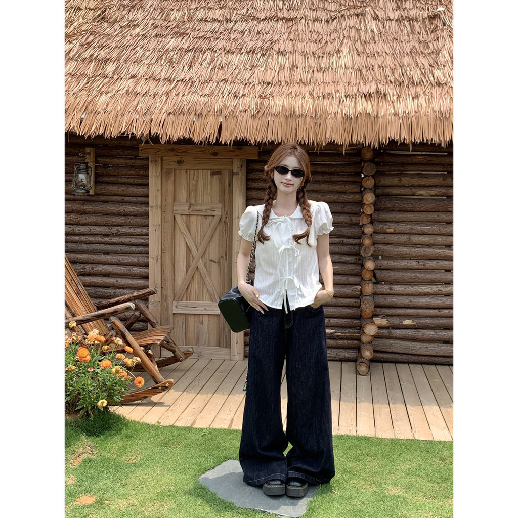 Áo sơ mi nữ babydoll mùa hè kiểu xinh tay phồng công chúa, cổ nơ dễ thương, dáng rộng che khuyết điểm