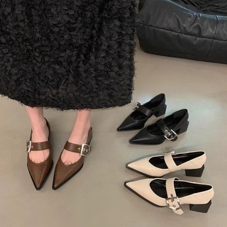 Loafers Phiên Bản Hàn Quốc Loafers Phong Cách Anh Quốc Retro Mũi Nhọn Mary Jane Giày Da Nhỏ Gót Dày Giày Nữ Mùa Xuân Thu Phong Cách Mới