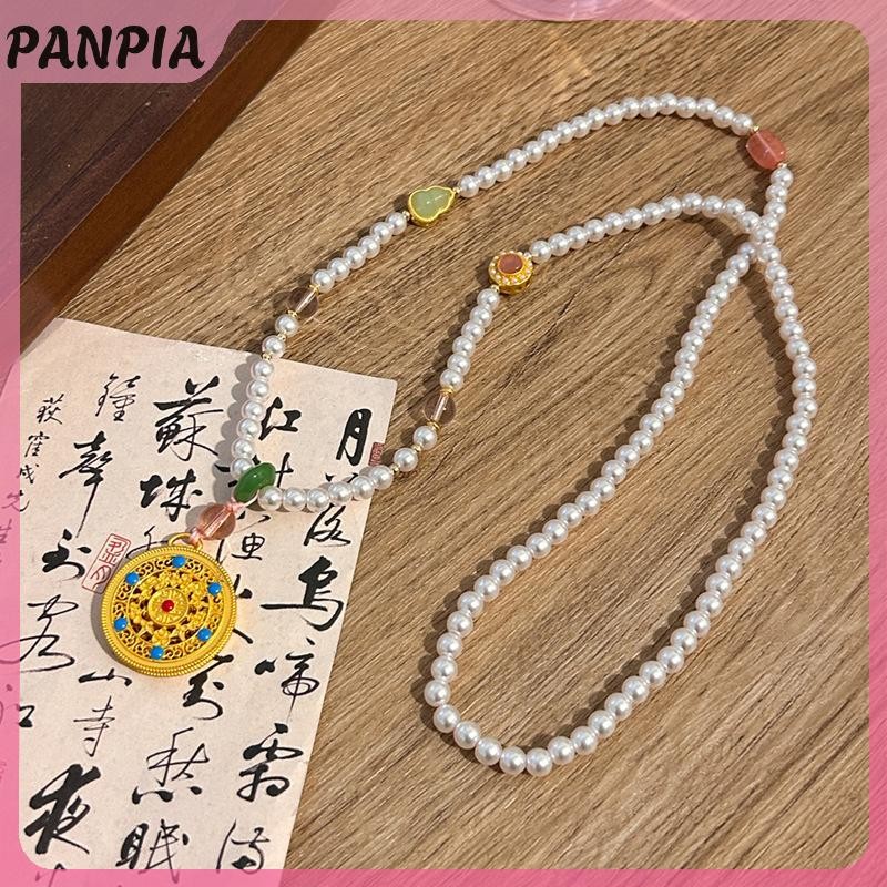 PANPIA-Ethnic Phong Cách Rỗng Khắc Túi May Mắn Mặt Dây Chuyền Xanh Giả Ngọc Handmade Đính Hạt Vòng Cổ Dài