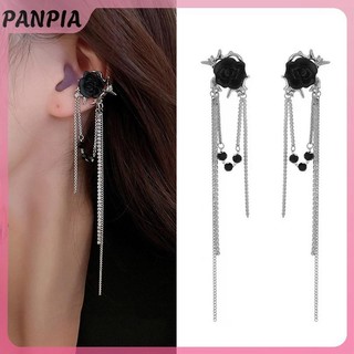 PANPIA-Trang Sức Thời Trang Retro Đen Kim Cương Giả Hoa Hồng Dài Tua Rua Bông Tai Nữ Trang Sức