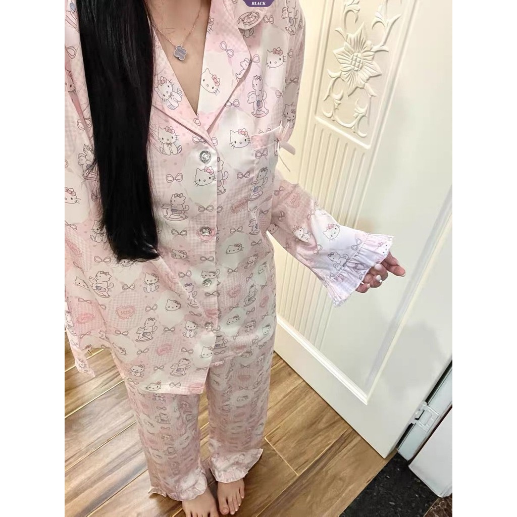 Bộ Đồ Ngủ Nữ Xuân Thu Mới, Họa Tiết Hoạt Hình Hello Kitty, Quần Dài Tay Ren