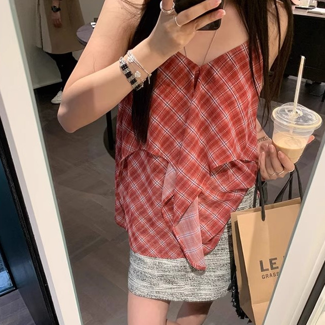 SUXI Áo sơ mi nữ không tay kẻ sọc cổ điển mới mùa thu 250818