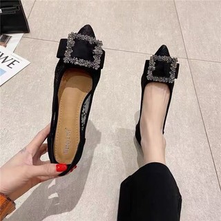 Mũi Nhọn Giày Cao Gót Đế Bằng Nữ Slip-On Nông Miệng Ren Vuông Khóa Kim Cương Giả