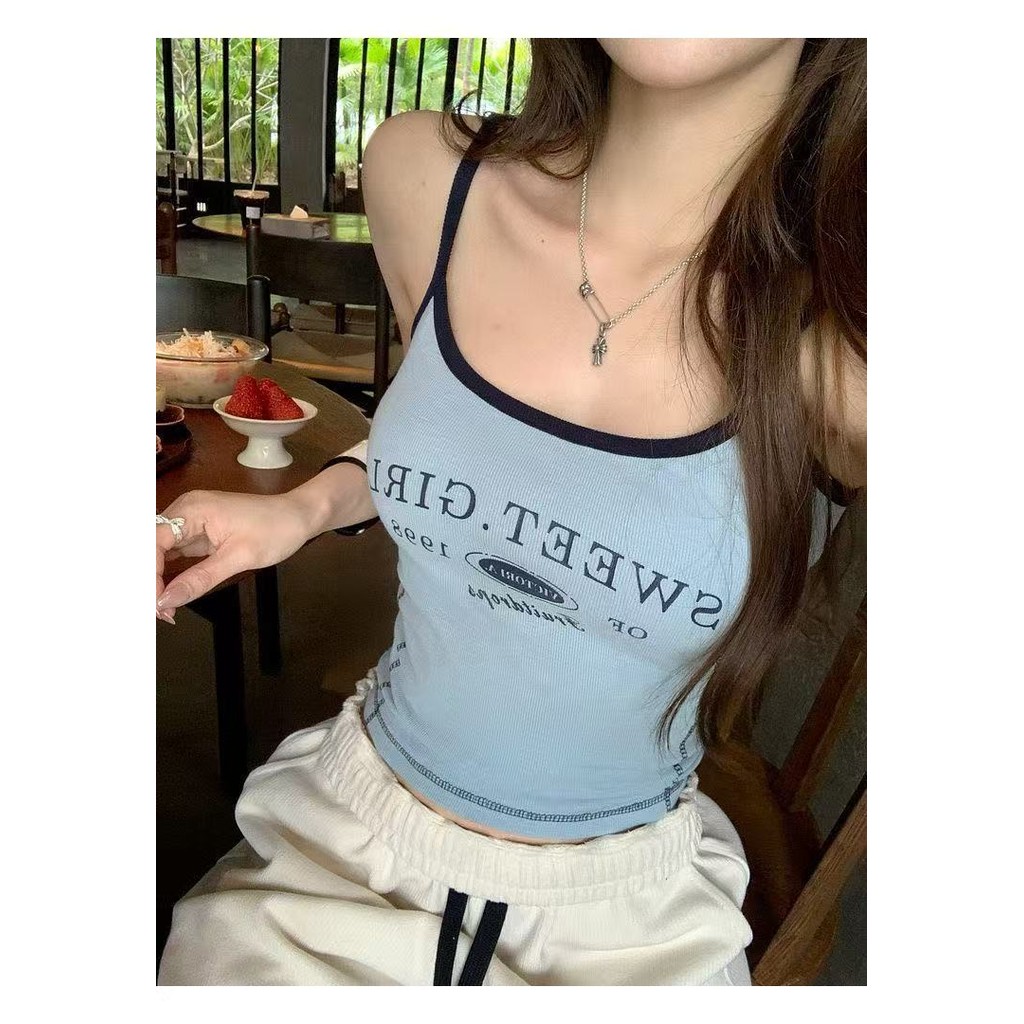 Áo Vest Nữ Retro Mùa Hè Mỹ Hot Girl Tay Ngắn In Hình Sling