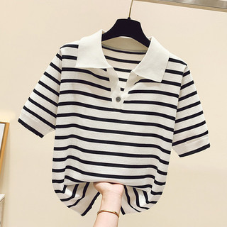 Rời Ôm Hơn Nhìn POLO Cổ Sọc Băng Lụa Đan Áo Thun Nữ Tay Ngắn Nút Mùa Hè Top