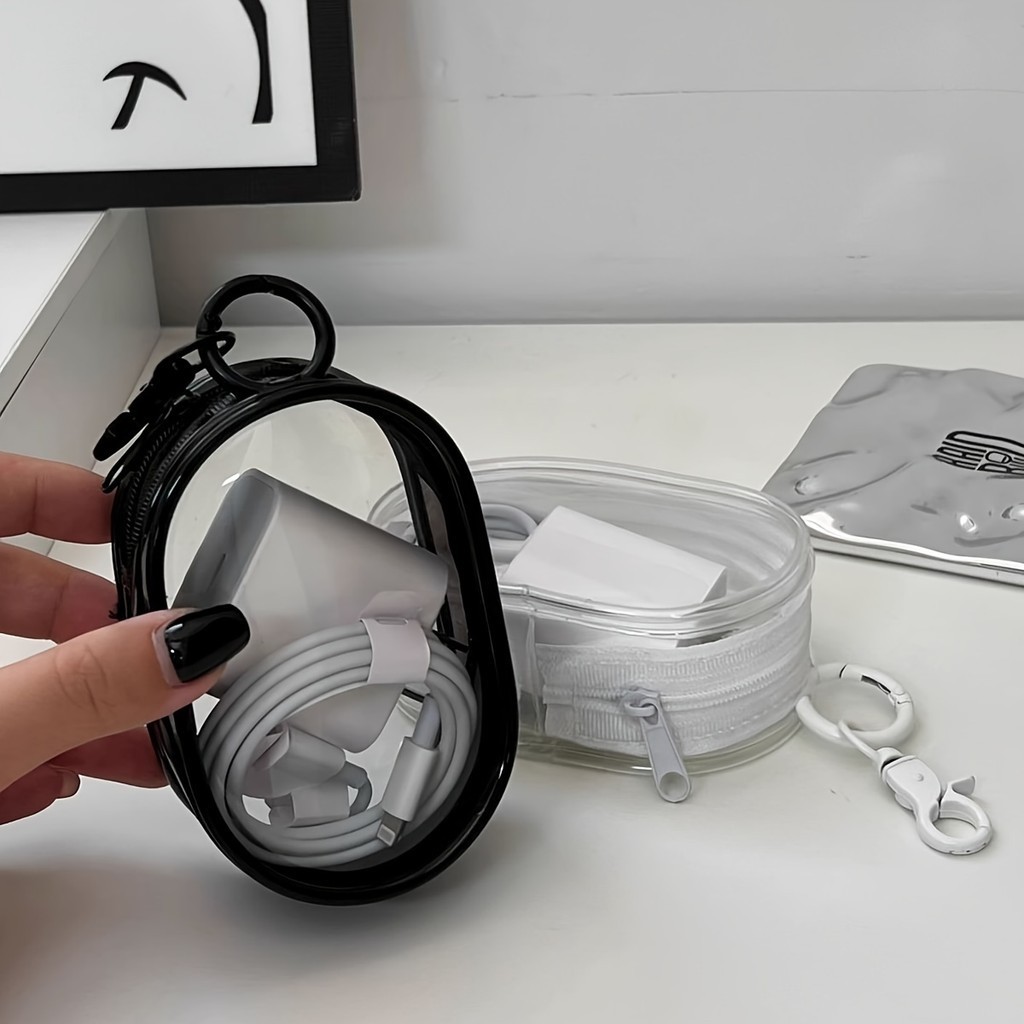 Đen Trắng Hình Bầu Dục PVC Trong Suốt Cáp Bảo Quản Túi Du Lịch Di Động Mang Theo Cho Tai Nghe Đồng Xu Dữ Liệu Cáp Sạc Túi Đựng Mỹ Phẩm Tổ Chức Búp Bê Hiển Thị Túi