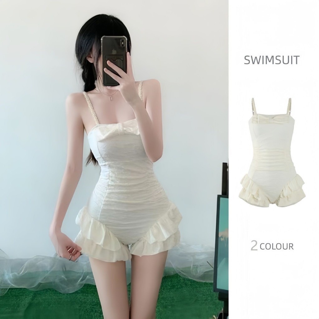 Set bộ đồ bơi bikini áo tắm thiết kế 2 dây cúp ngực đính ngọc trai kèm mút đệm phối bèo nhún XIMI BKN48