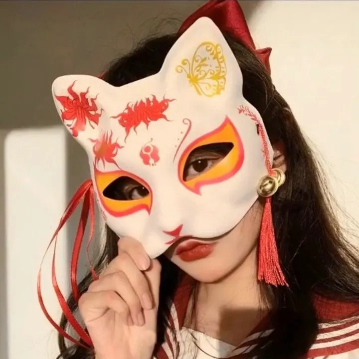 2 / 5 Cái Mặt nạ cáo Halloween - Mặt nạ nửa mặt - Mặt nạ tự làm Nhật Bản - Mặt nạ Therian Mặt nạ mèo trắng - Mặt nạ cáo mèo vẽ tay nửa mặt - Mặt nạ Cosplay lễ hội Halloween