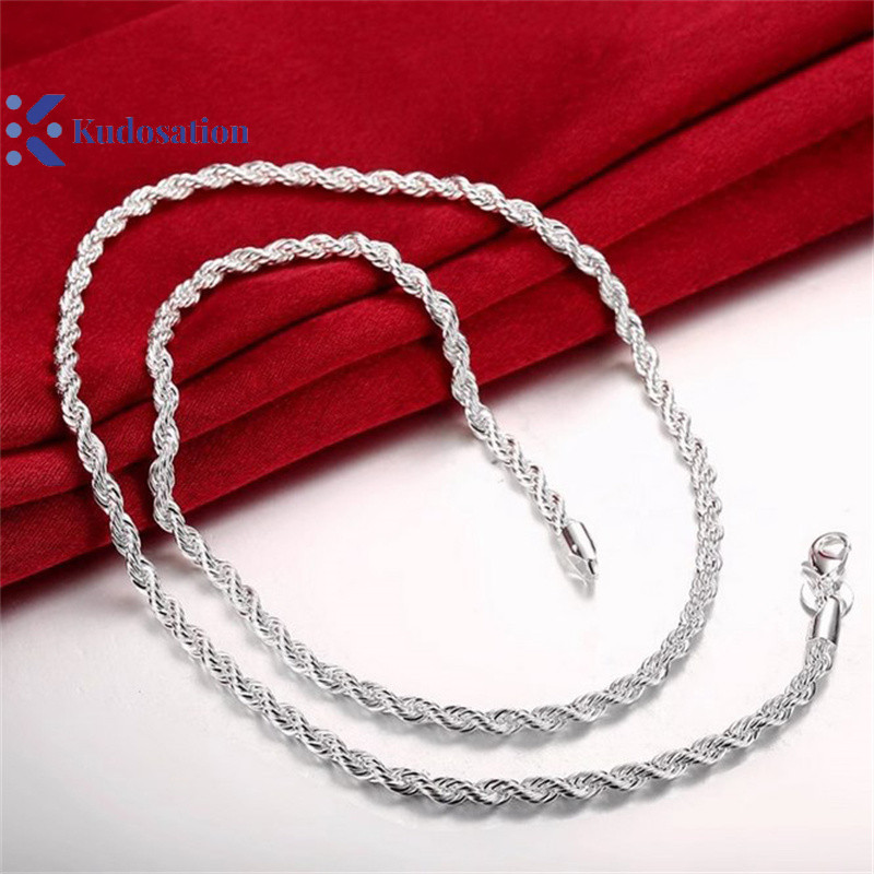 Kudosation Chất Lượng Cao Bạc 925 4MM Nam Nữ Dây Xích Nam Xoắn Dây Vòng Cổ Vòng Tay Thời Trang Bạc Bộ Trang Sức