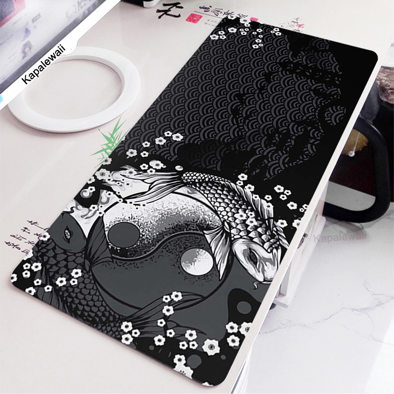 Koi Yinyang Đen Trắng Miếng Lót Chuột Lớn Mausepad Xxl Deskmat Bàn Phím Màu Xám Chuột Thảm 900x400 Thảm Mở Rộng Cho Văn Phòng