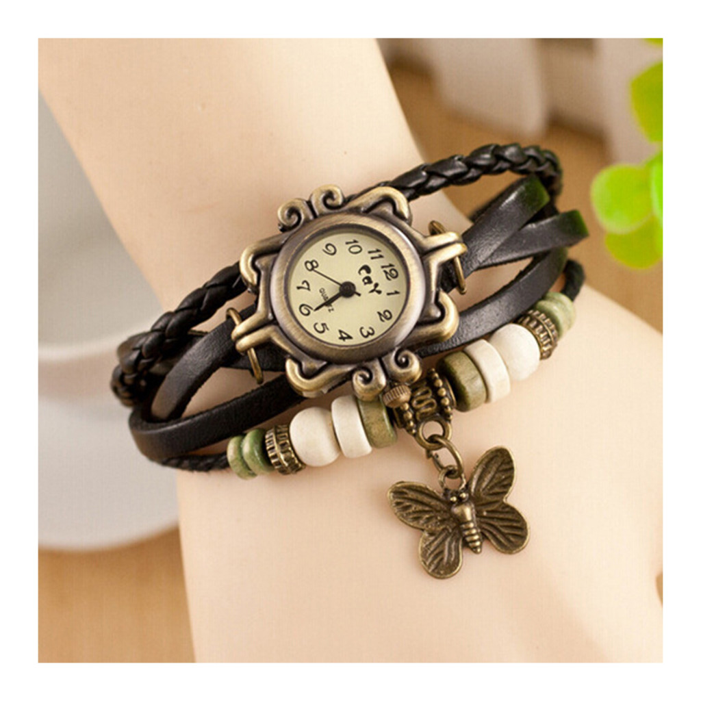 Một thế giới| Bướm Mặt Dây Chuyền Đồng Hồ Vintage Đồng Hồ Đeo Tay Phong Cách Bohemian Nhiều Lớp Bướm Mặt Dây Chuyền Hạt Vòng Tay Vòng Tay Cho Nữ Retro Giả Da Dây Đeo Tay Nữ