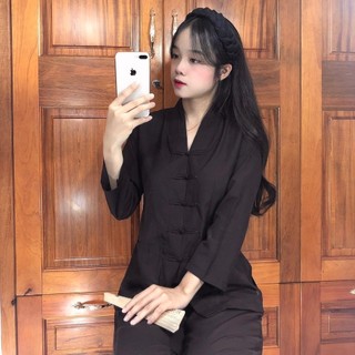 Mẫu cổ V nút thắt la hán truyền thống,set đồ lam nữ đi chùa Áo Top